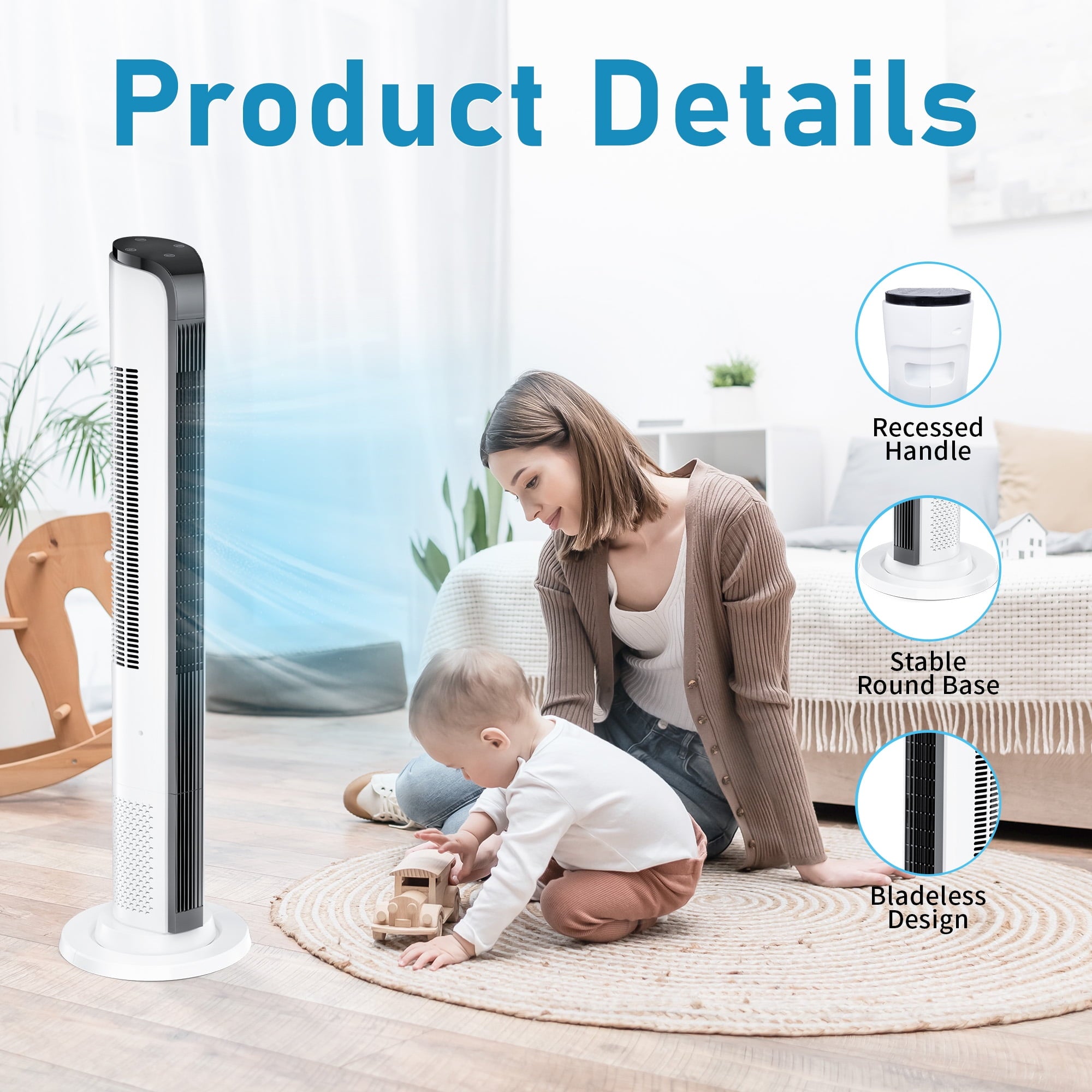 43inch Tower Fans for Home with Remote for Bedroom with 3 Speeds, 3 Modes, White
