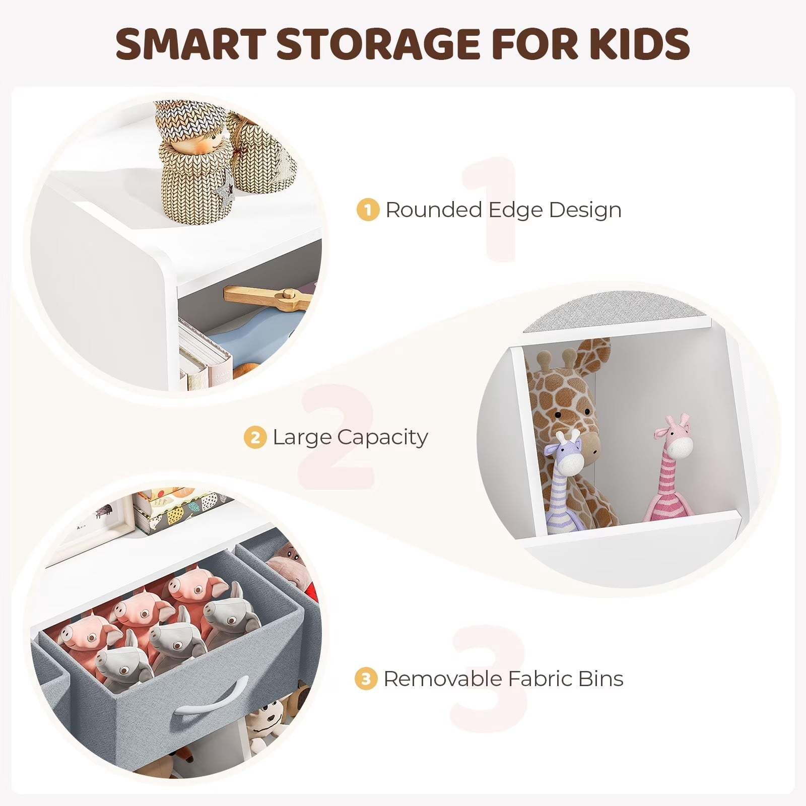 Fenbeli Kids Bookshelf and Toy Storage Organizer, White MDF Bookcase with 3 Removable Fabric Bins Open Compartments and Rounded Edges, for Nursery Bedroom and Playroom
