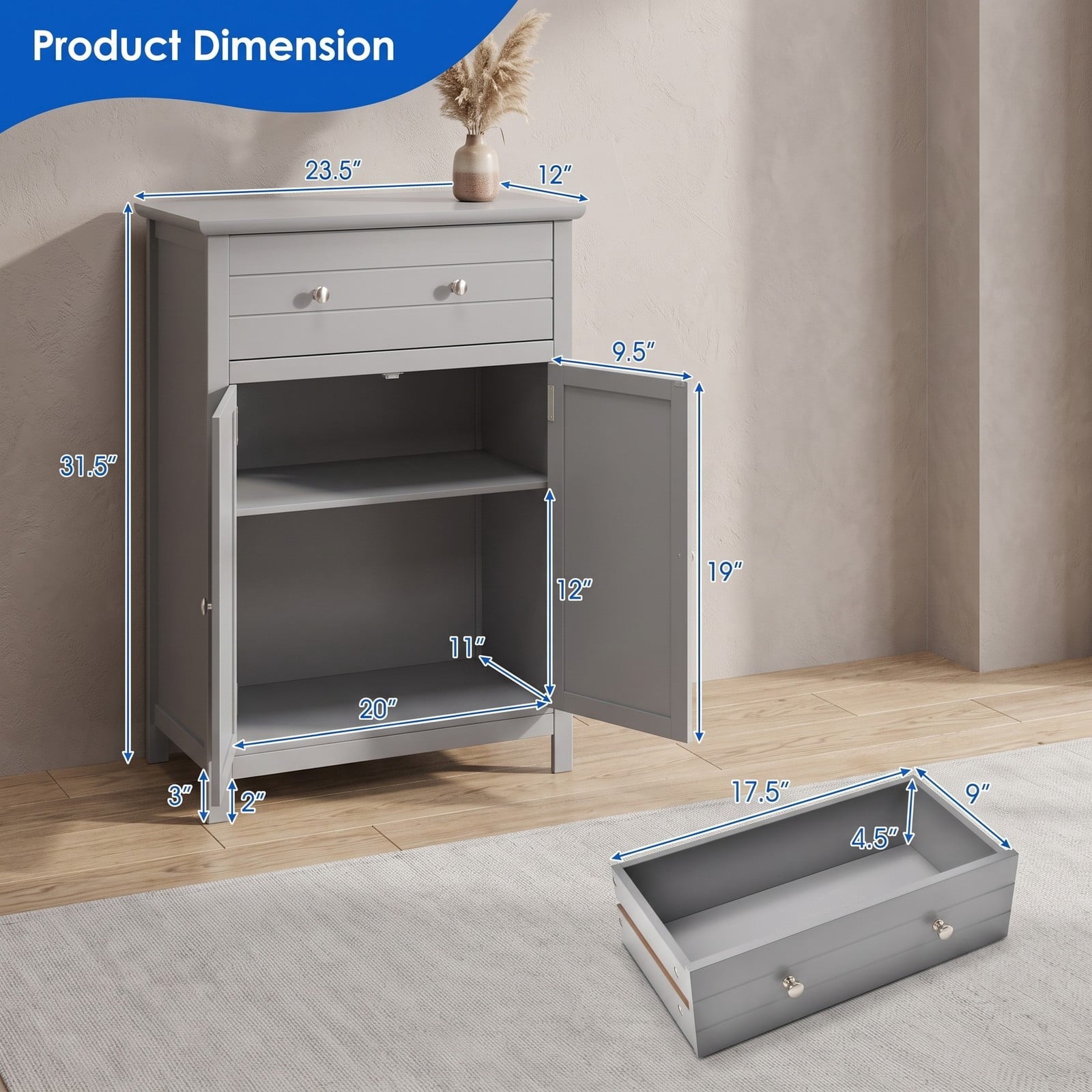 Fenbeli Wooden Bathroom Floor Cabinet, Free Standing 2-Door Storage Cabinet with Drawer and Adjustable Shelf, Waterproof MDF Side Organizer for Bathroom Living, Gray