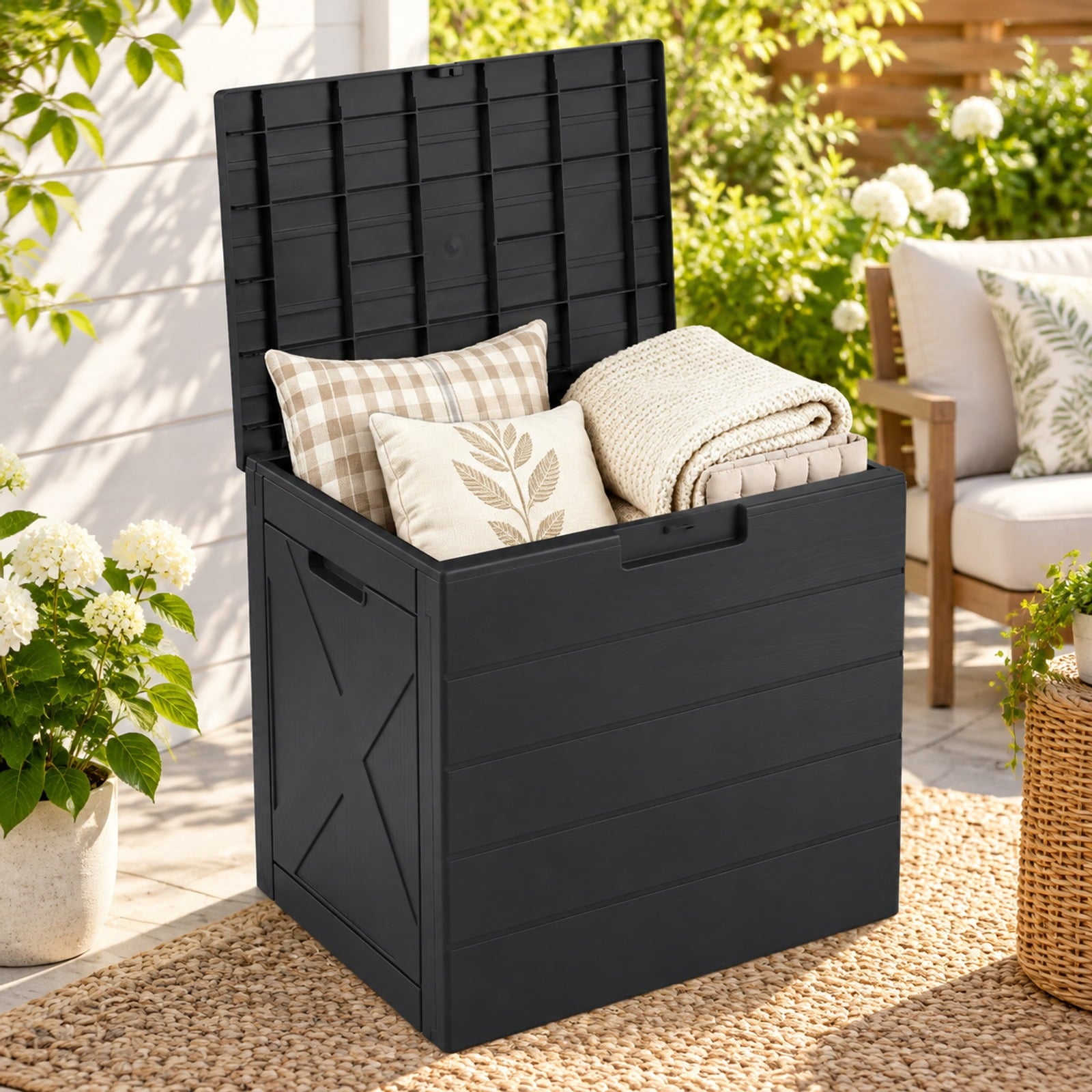 Fenbeli 25 Gallon Storage Bin with Lid Carry Handles and Lock Hole for Patio Furniture Accessories, 110 lbs Capacity, PP Frame, Black