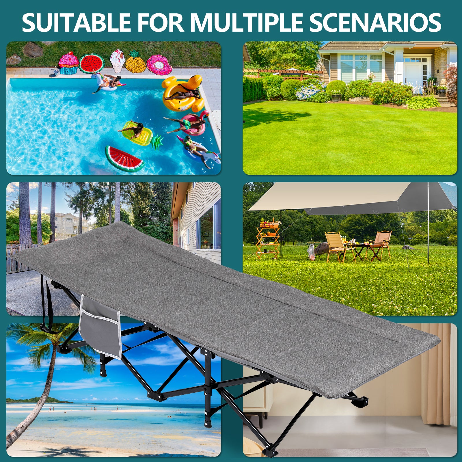 Folding Camping Cot W/Mat for Adults, Heavy Duty Outdoor Bed with Carry Bag, Travel Camp Cots