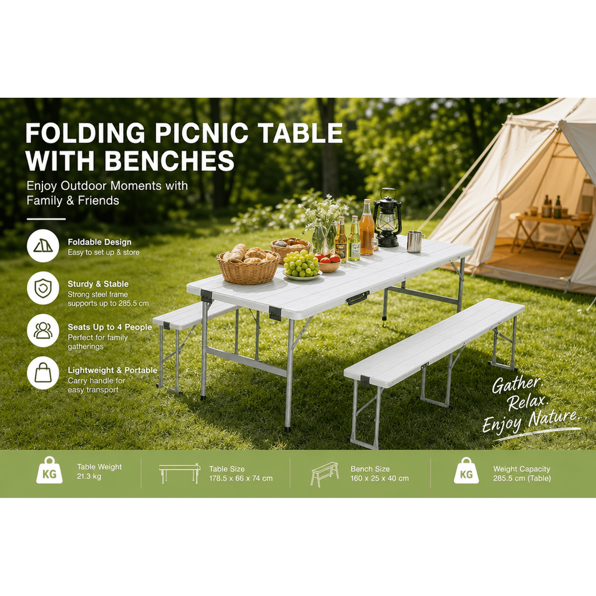 Fenbeli wood Grain Folding Table with 2 Benches - White