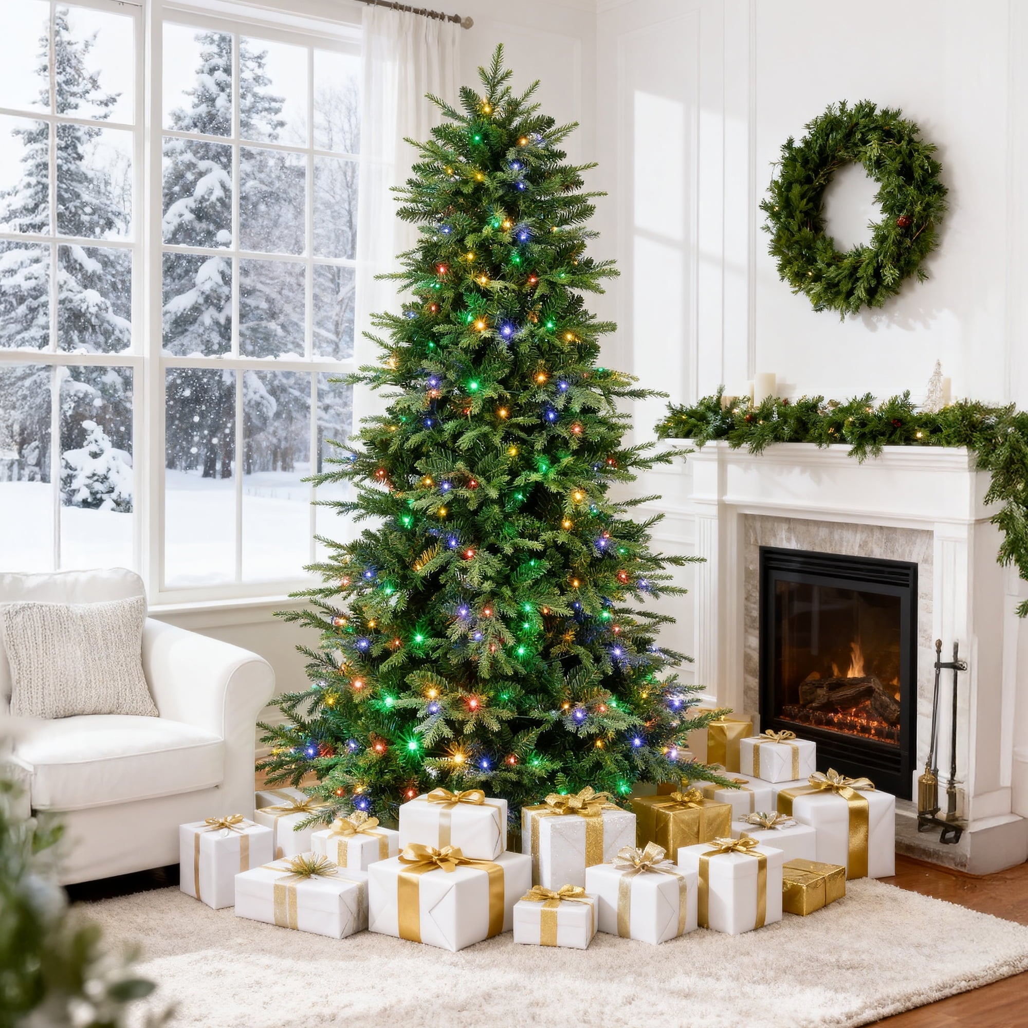 Fenbeli 6ft Pre-Lit Artificial Fir Christmas Tree, 1,350 PE/PVC Branch Tips, 300 Lights with Remote Control and 11 Modes, Green