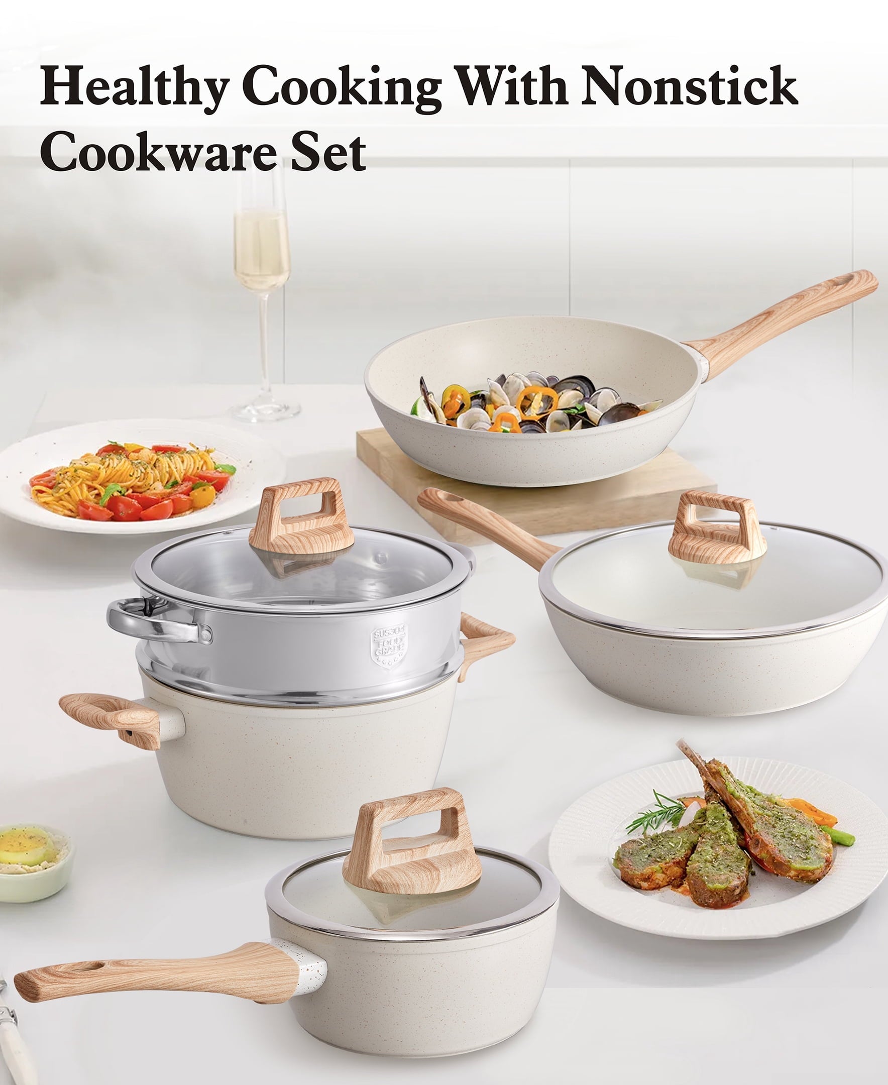 Fenbeli 12 Pcs Pots and Pans Set Nonstick,Ceramic Cookware Set with Pots Protectors and Cooking Utensils,Cream White