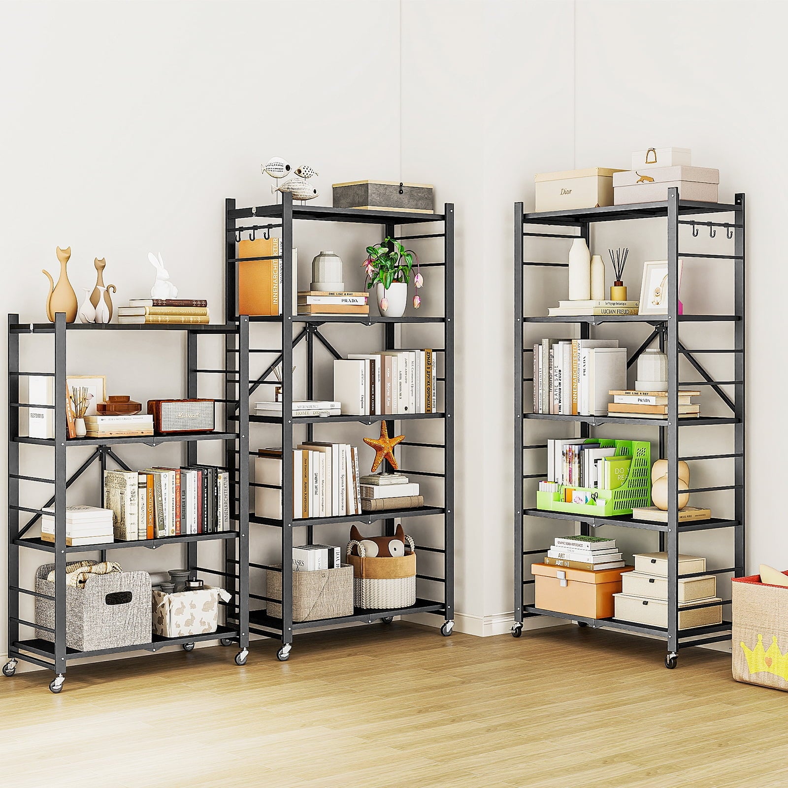 Fenbeli Storage Shelves,4-Tier Foldable Metal Wire Storage Shelf with Wheels, Heavy Duty Organizer Rack for Garage, Kitchen, Closet, Black