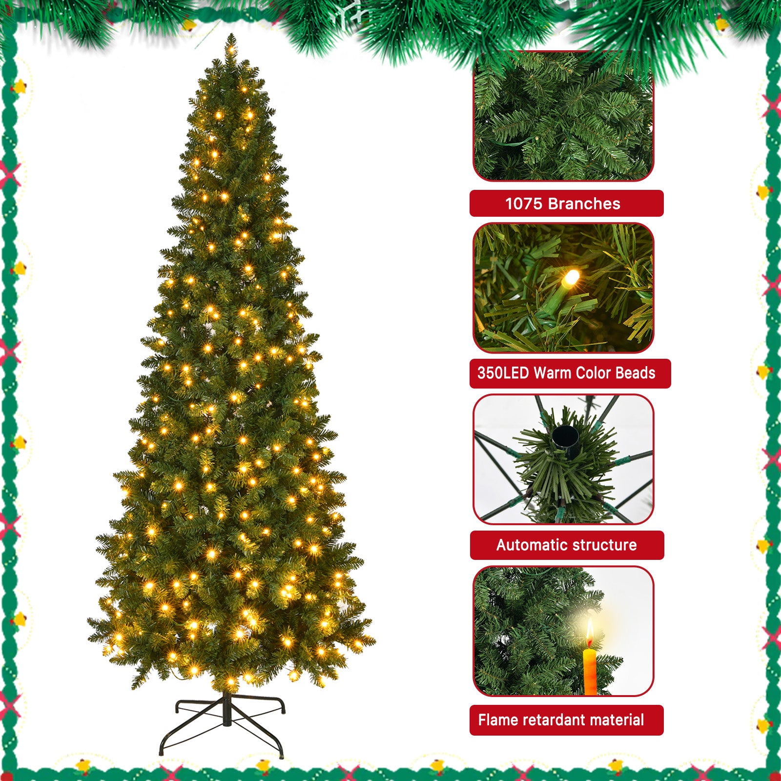 Fenbeli 7.5Ft Pre-Lit Premium Snow Flocked Hinged Artificial Christmas Tree with 350 Lights