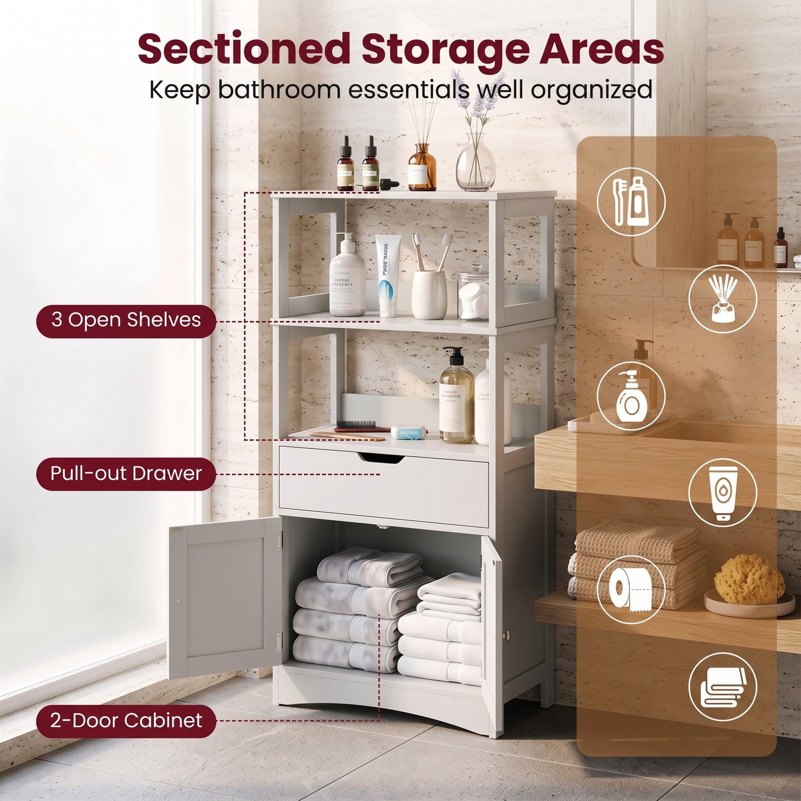Fenbeli Bathroom Storage Cabinet, Freestanding Floor Cabinet with 3 Open Shelves, Pull-Out Drawer and 2 Doors, Anti-Toppling Wooden Organizer for Bathroom Kitchen, Gray