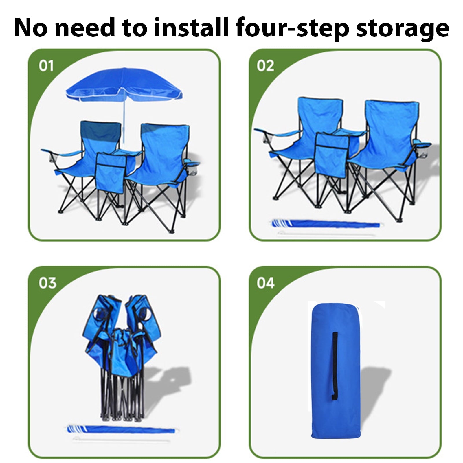 Fenbeli Portable Folding Picnic Double Chair With Removable Umbrella, Blue