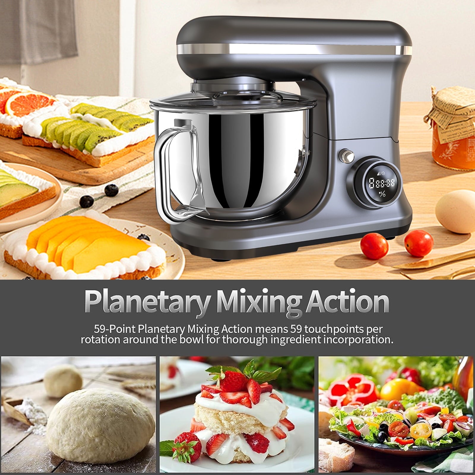 Fenbeli 5.3Qt Stand Mixer,650 W 8 Speeds Kitchen Electric Food Mixer for Daily Use with Egg Whisk,Dough Hook,Flat Beater,Black