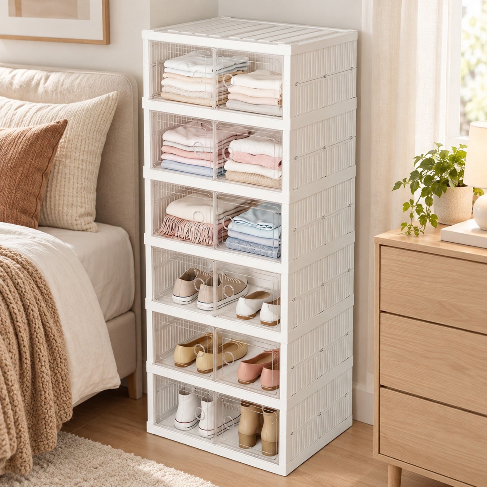 Fenbeli 6-Tier Shoe Organizer with Clear Doors and Portable Design for 12 Pairs, PP Frame, 17.5 x 13.5 x 42.5 Footprint, White