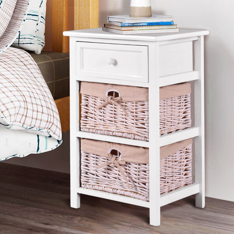 3 Tiers Wooden Storage Nightstand with 2 Baskets and 1 Drawer