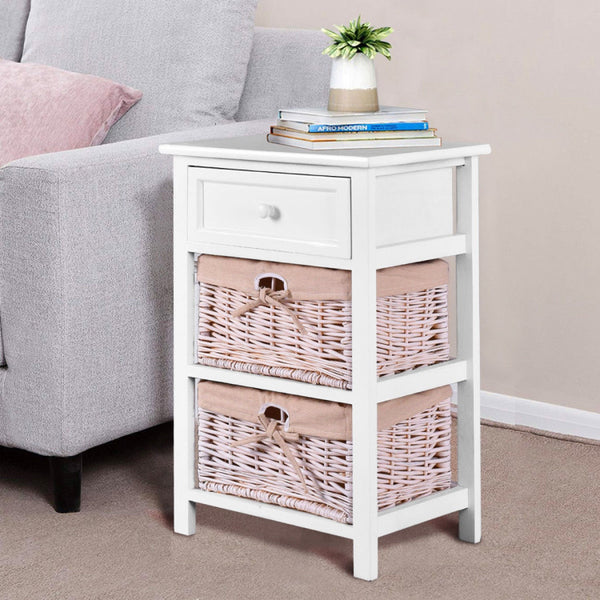 3 Tiers Wooden Storage Nightstand with 2 Baskets and 1 Drawer