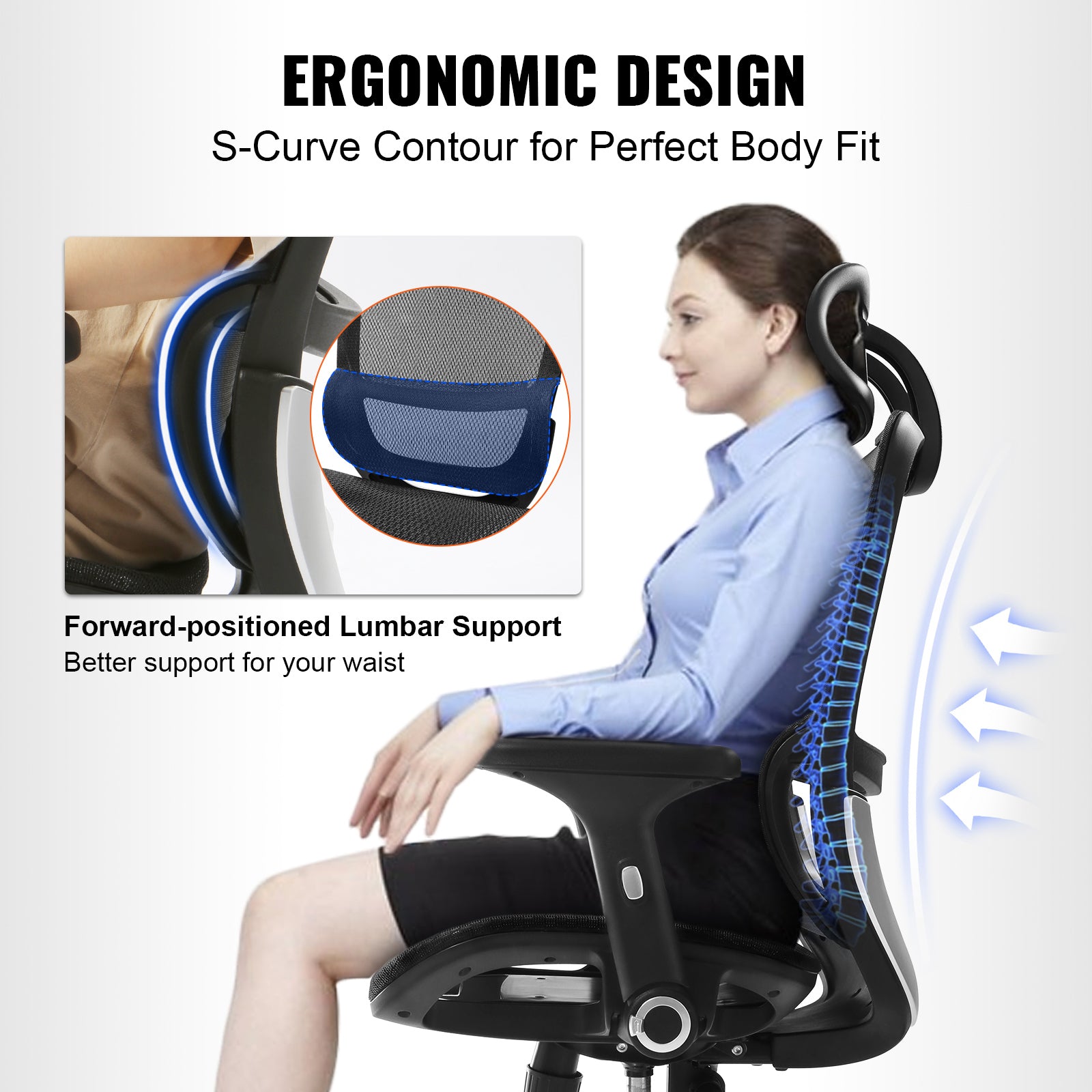 Mesh High Back Office Chair with Adjustable Lumbar Support and Headrest, Swivel Computer Desk Chair