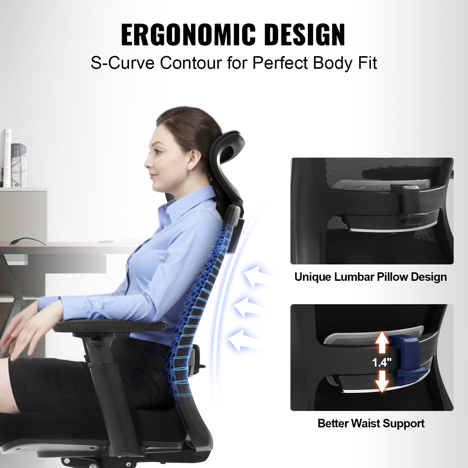 Ergonomic Office Chair with Slide Seat, Adjustable Lumbar Support and Headrest, Swivel Computer Desk Chair