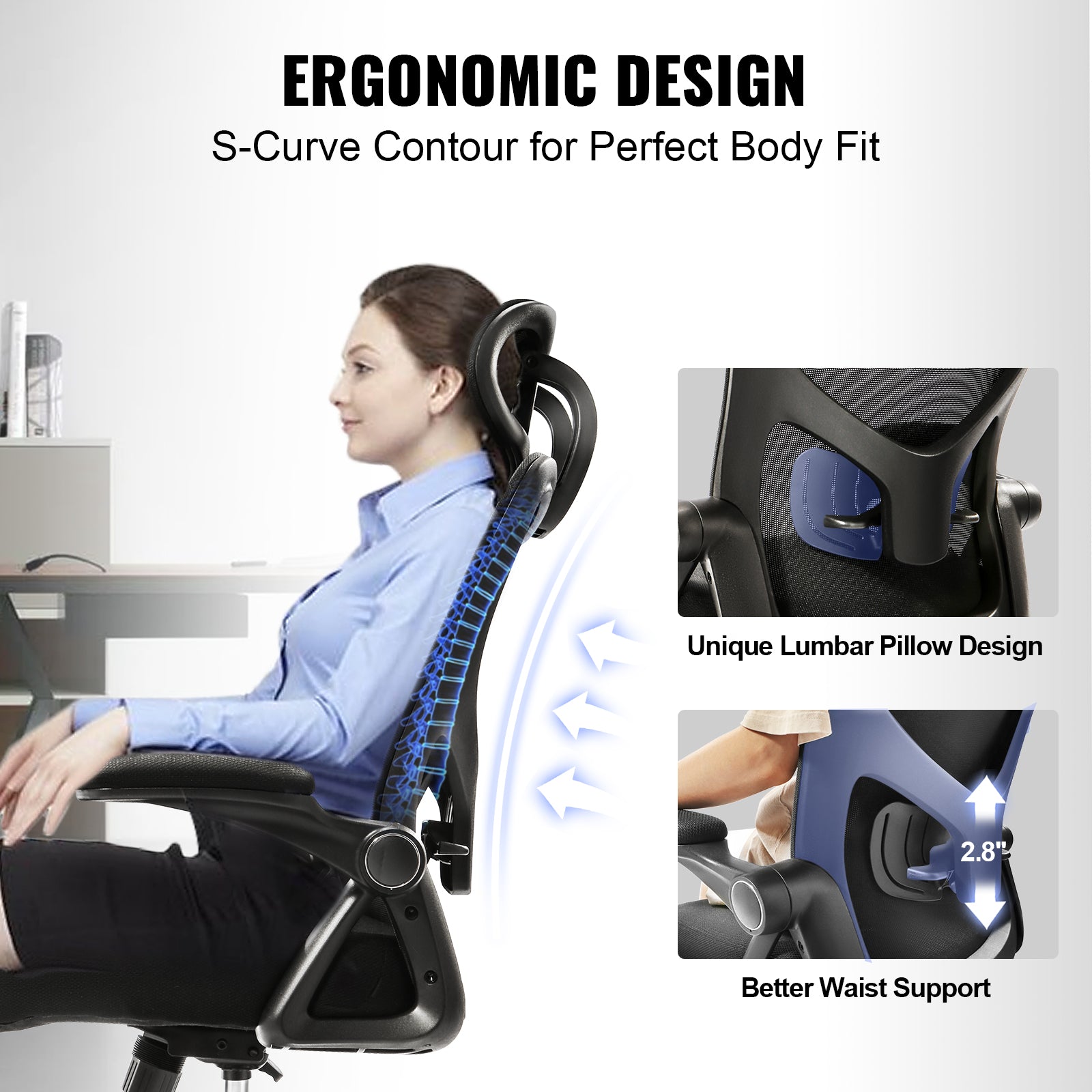 High Back Ergonomic Office Chair with Adjustable Lumbar Support, Headrest and 2D Armrest, Computer Desk Chair