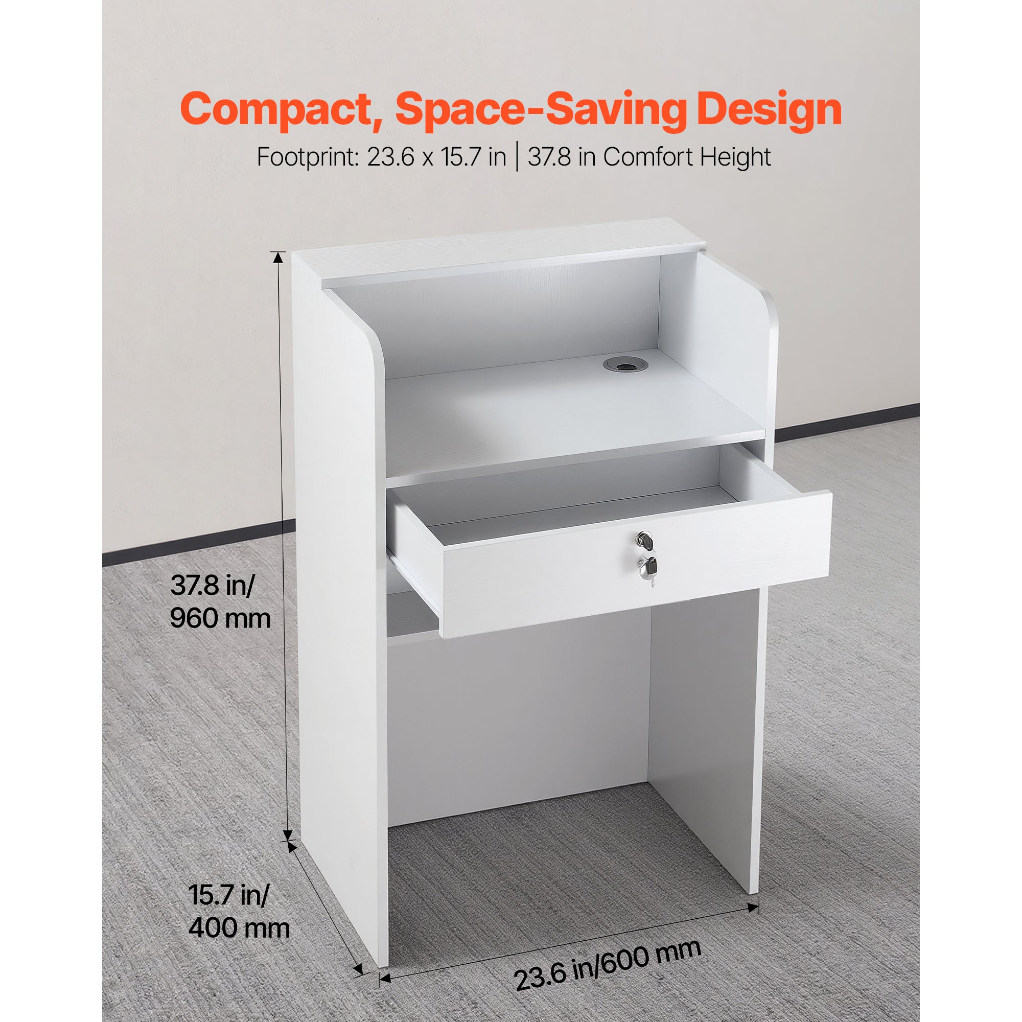 23.6 in. Small Rectangular Reception Desk with Drawer, White, Minimalist Counter Table for Office, Salon