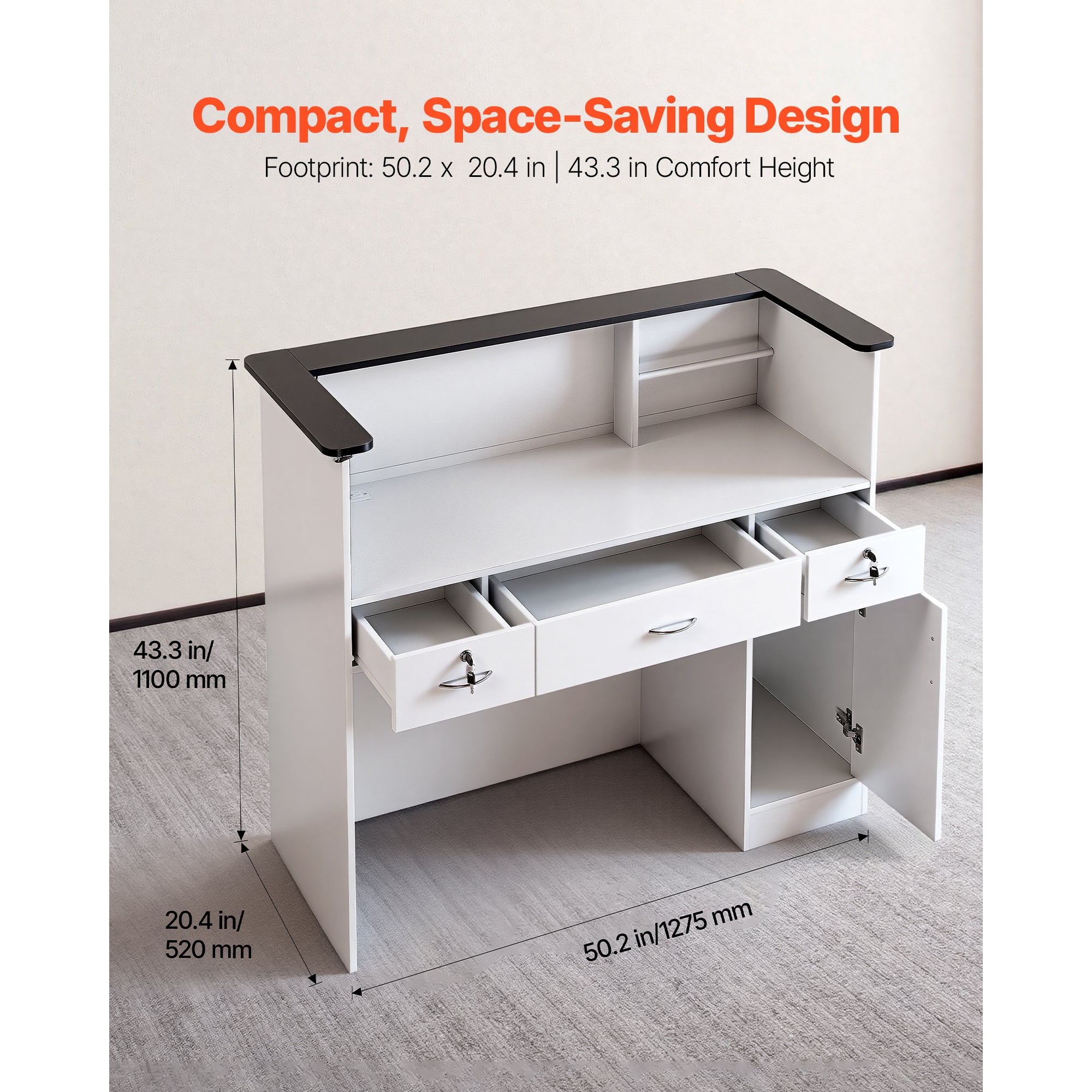 50 in. Rectangular Reception Desk with LED Light Strip, 3 Drawers and Storage Cabinets, White and Black
