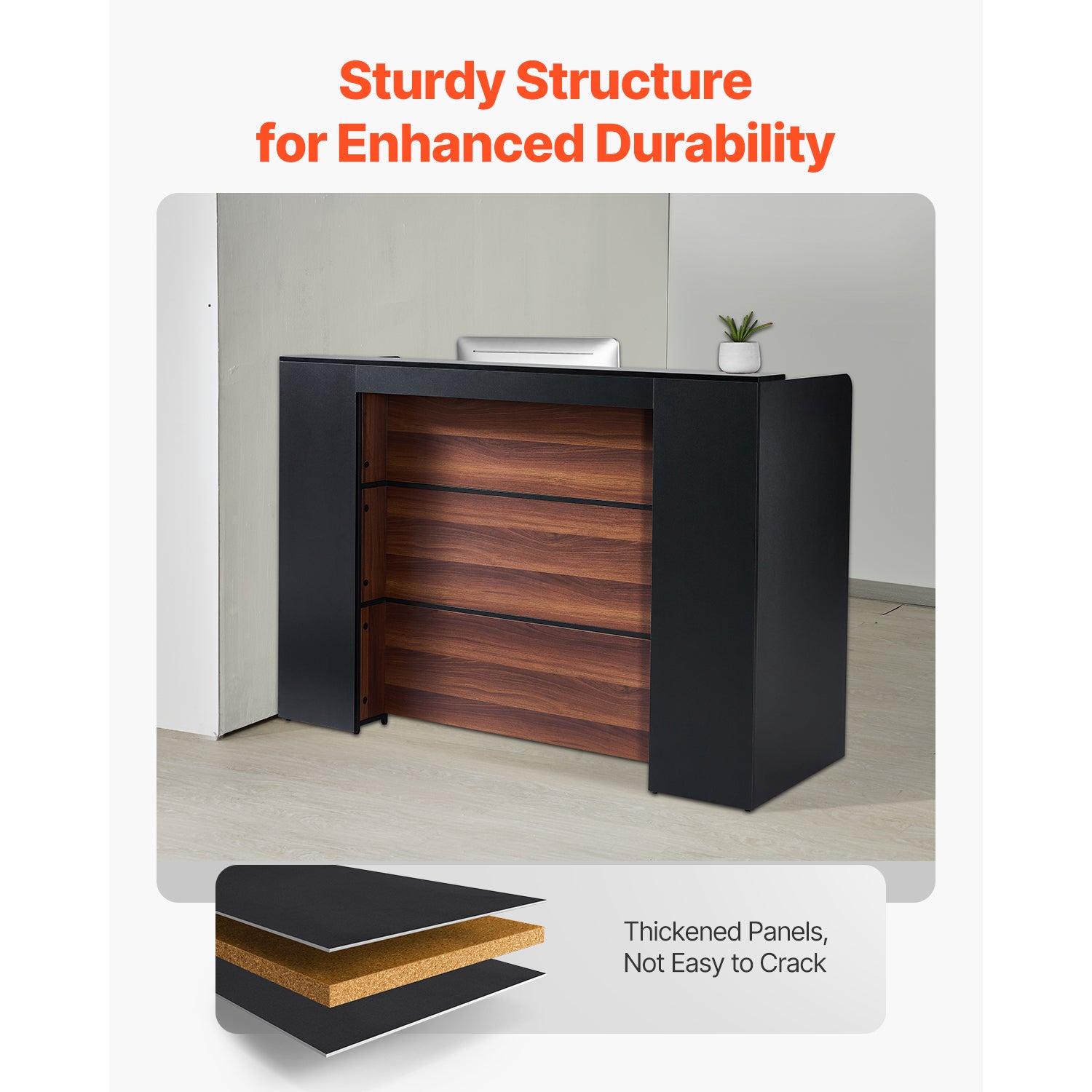 62 in. Rectangular Reception Desk with LED Light, Black and Brown, for Checkout, Lobby, Salon, Office