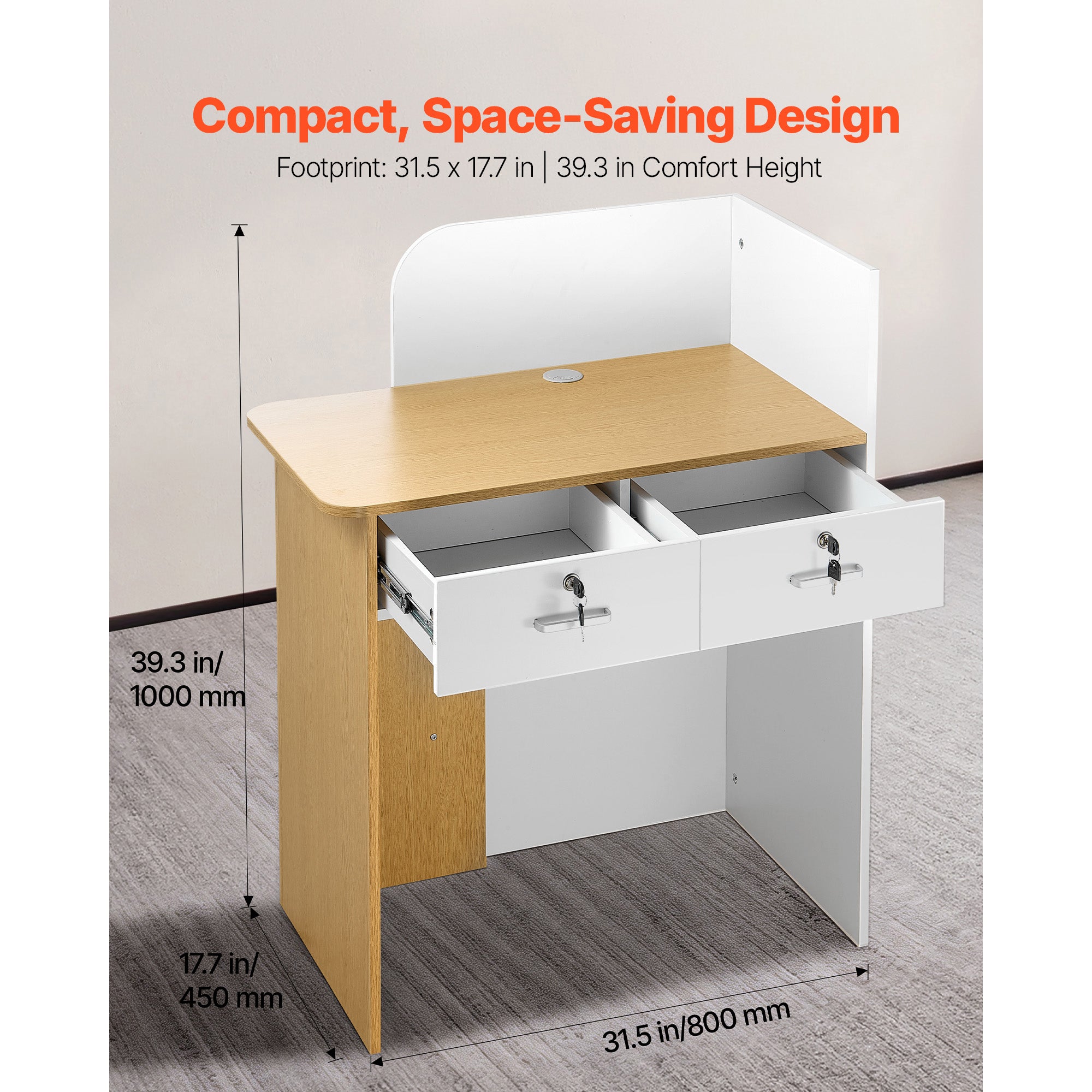 31.5 in. Rectangular Reception Desk with LED Light, 2 Drawers and Power Outlets, for Checkout, Lobby, Office