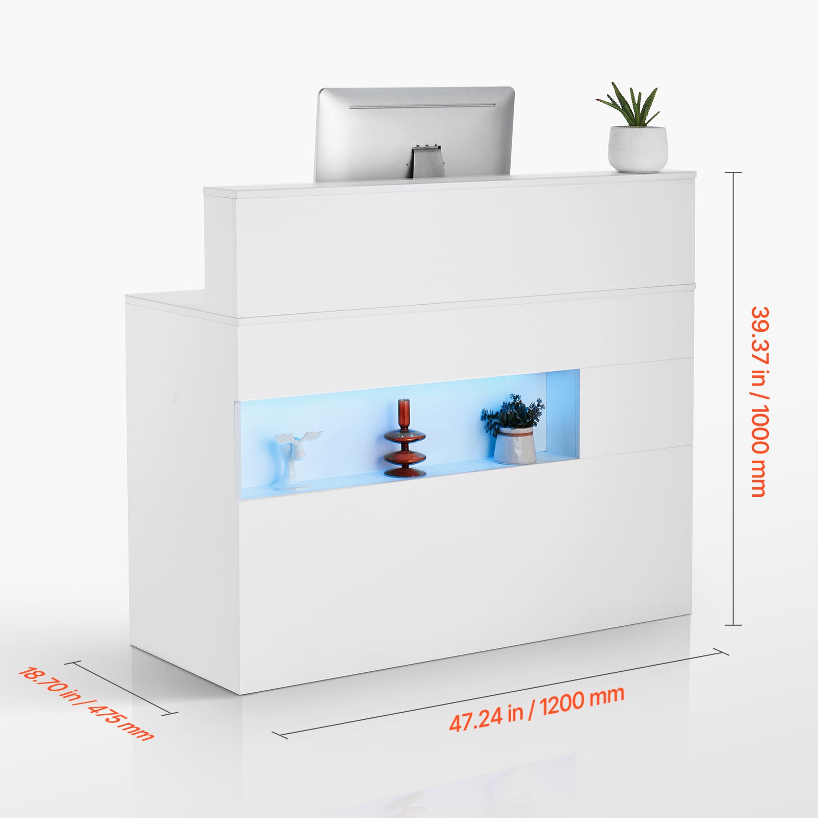 47 in. Rectangular Reception Desk with LED Light, 2 Drawers and Power Outlets, White, for Checkout, Lobby, Salon