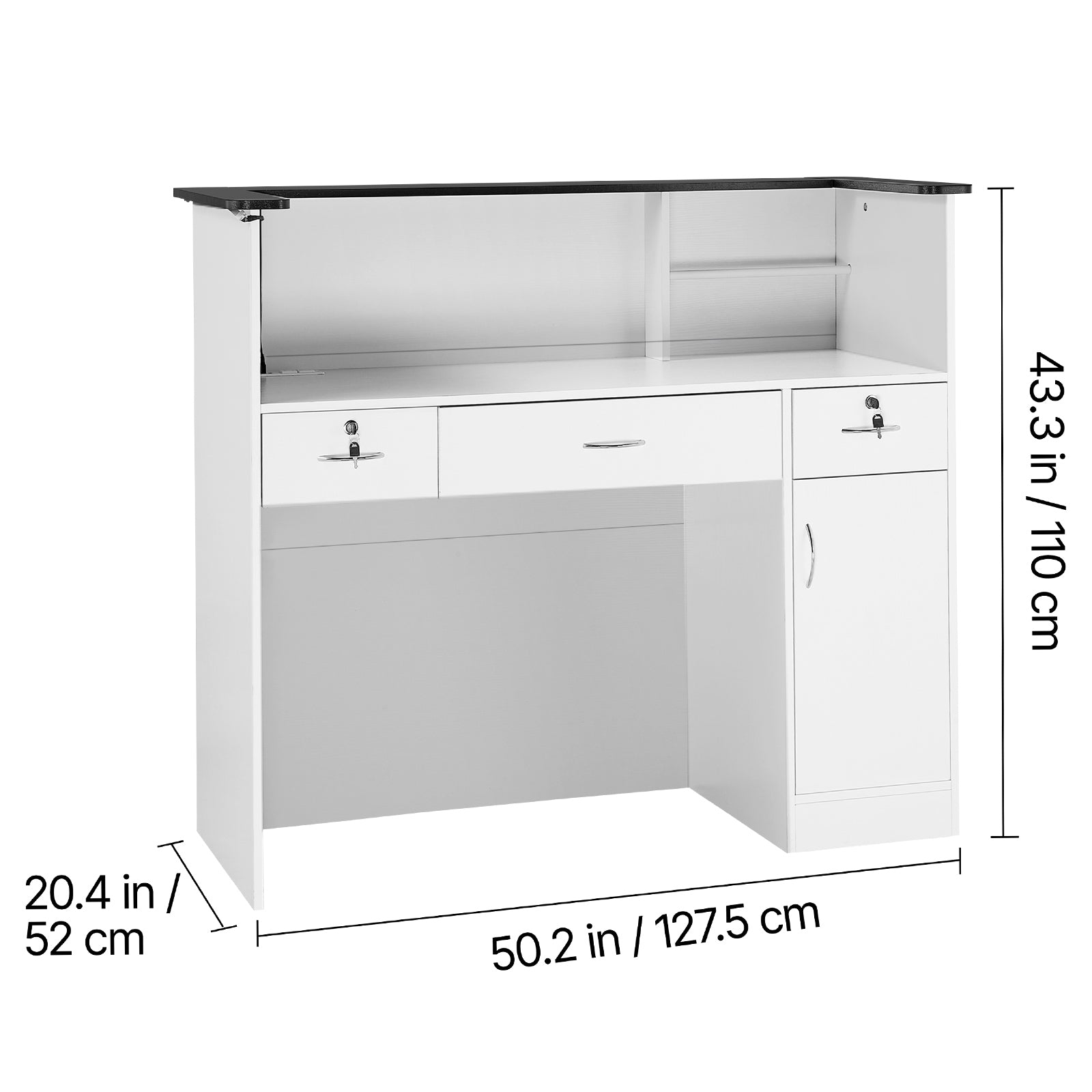50 in. Rectangular Reception Desk with LED Light Strip, 3 Drawers and Storage Cabinets, White and Black