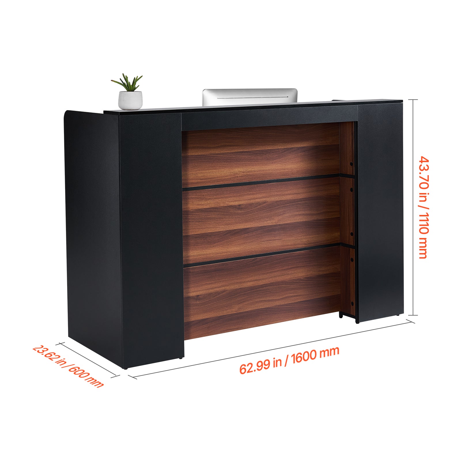 62 in. Rectangular Reception Desk with LED Light, Black and Brown, for Checkout, Lobby, Salon, Office