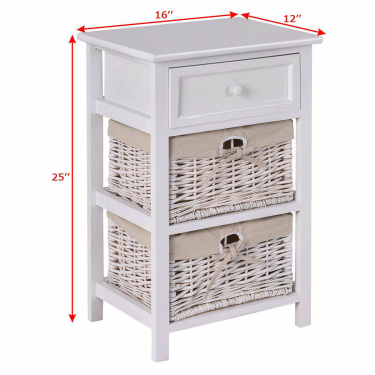 3 Tiers Wooden Storage Nightstand with 2 Baskets and 1 Drawer