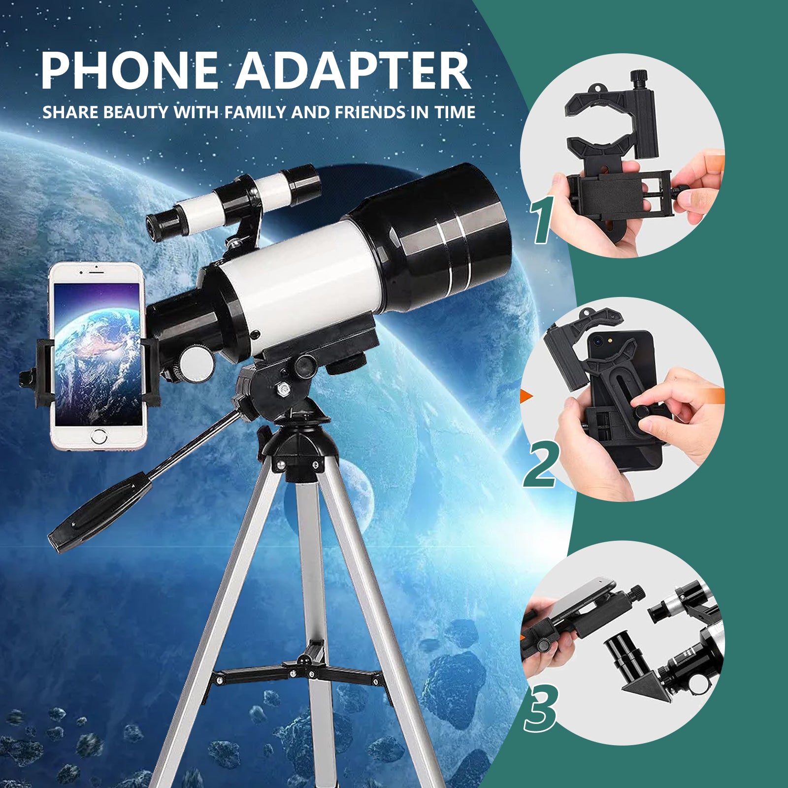 Telescope for Adults And Kids, 70mm Aperture Aperture Astronomical Refractor Telescopes for Astronomy Beginners, 300mm Portable Travel Telescope