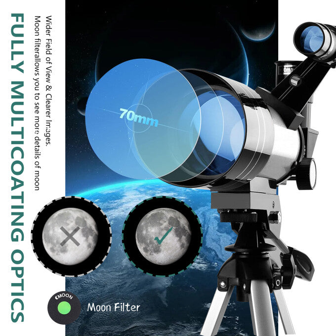 70300 Telescope 70mm Aperture 300mm Astronomical Portable Refracting Telescope AZ Mount Tripod Fully Multi Coated Optics 150X High Magnification for Adults Astronomy