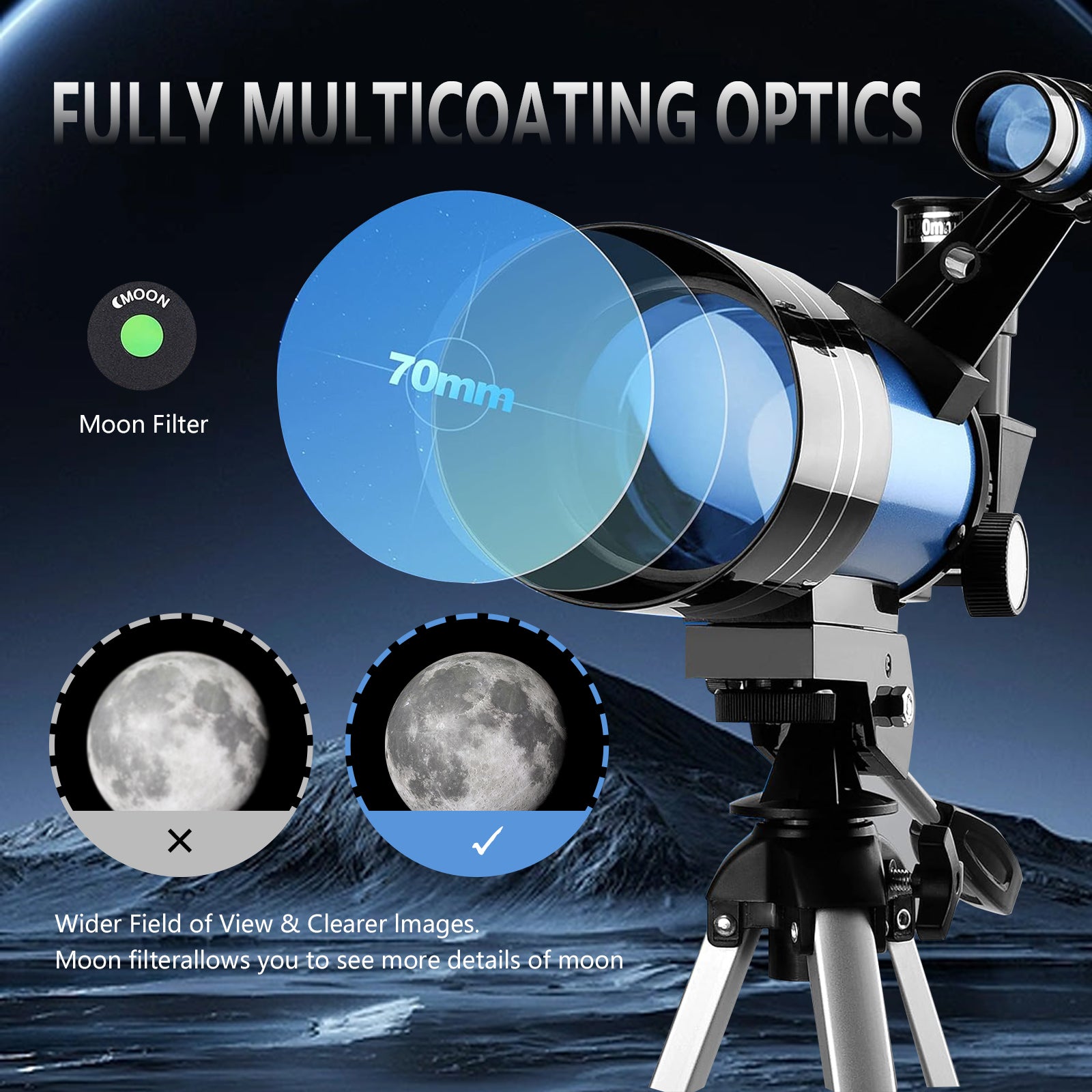 Telescope for Adults And Kids, 70mm Aperture Portable Refractor Telescopes for Astronomy Beginners, 300mm Professional Travel Telescope with A Smartphone Adapter Wireless Remote