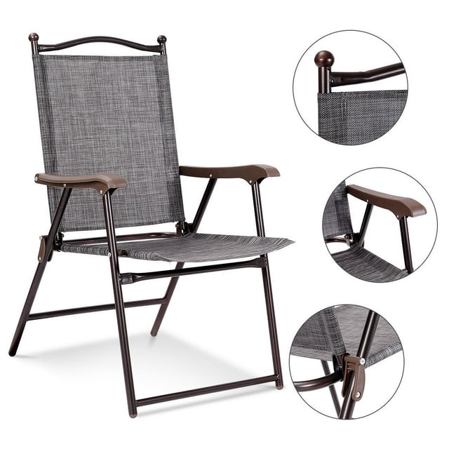 Set of 2 Patio Folding Sling Back Chairs Camping Deck Garden Beach Gray