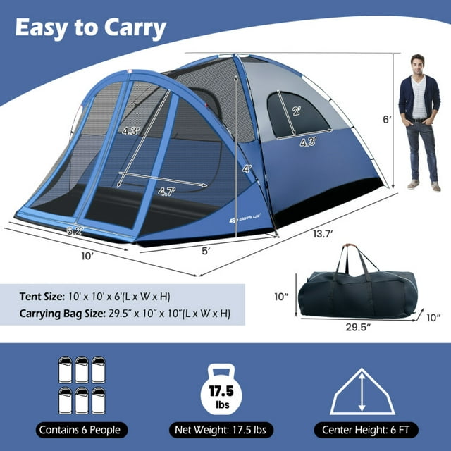6 Person Large Camping Dome Tent with Screen Room Porch and Removable Rainfly