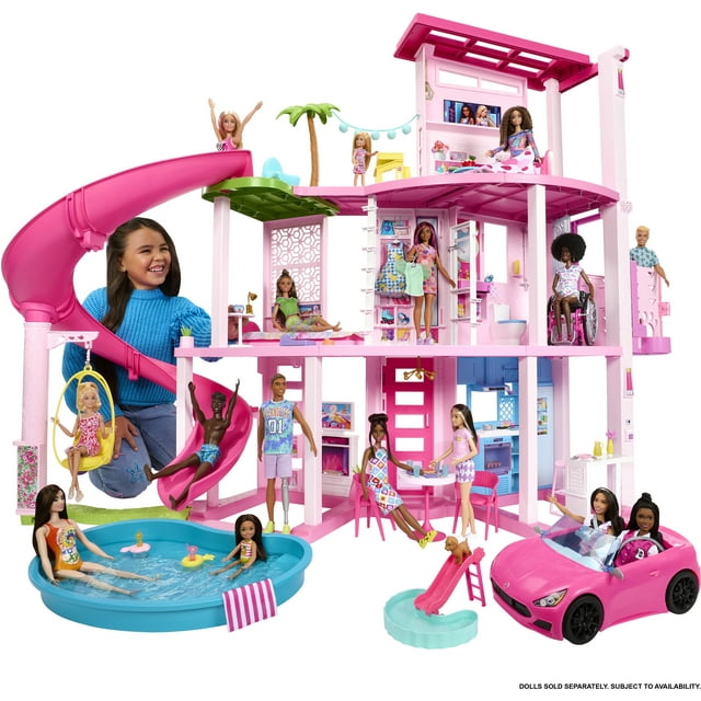 Dreamhouse, 75+ Pieces, Pool Party Doll House with 3 Story Slide