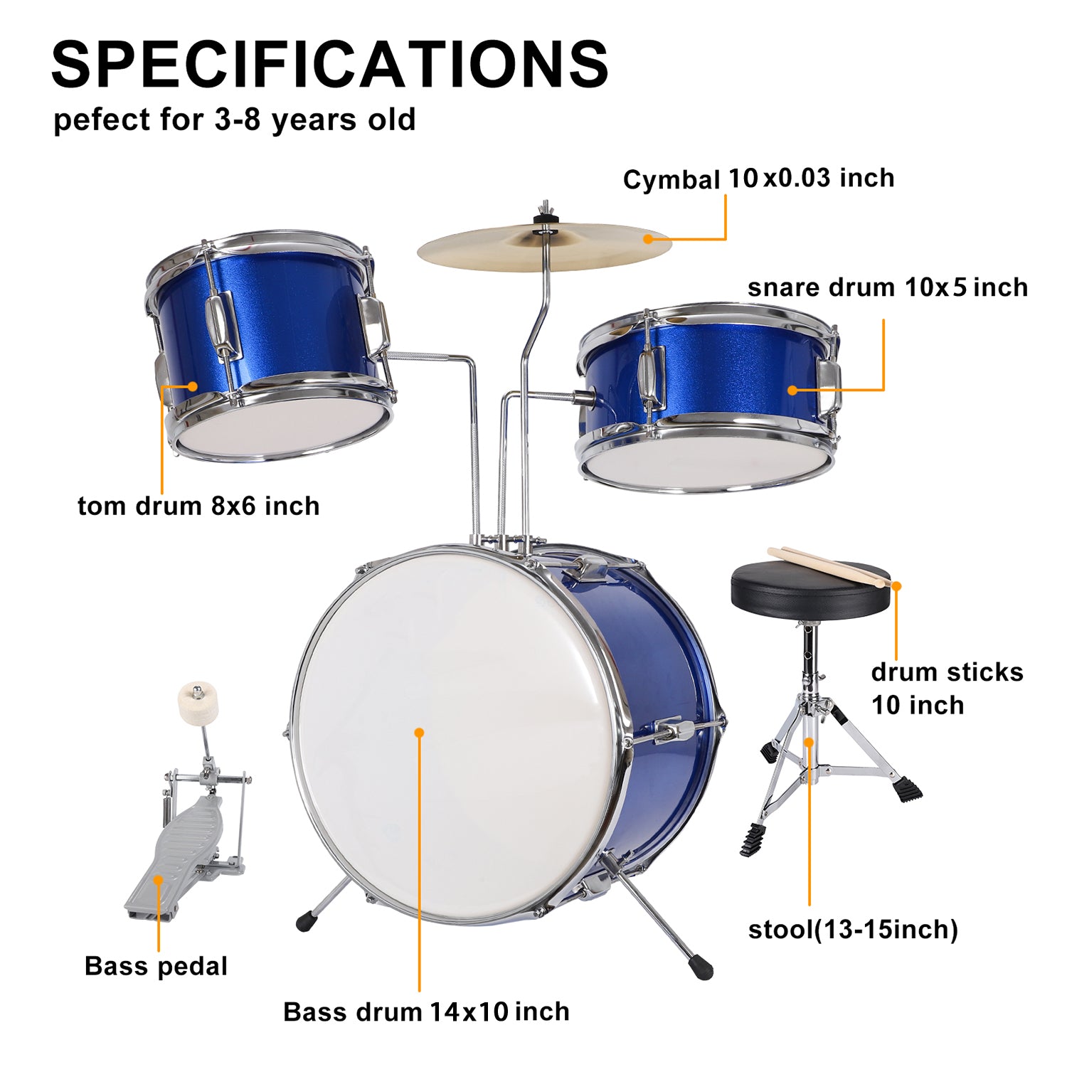 Kids Drum Set 3 Piece Beginner Drum Set Junior Drum Set, Blue