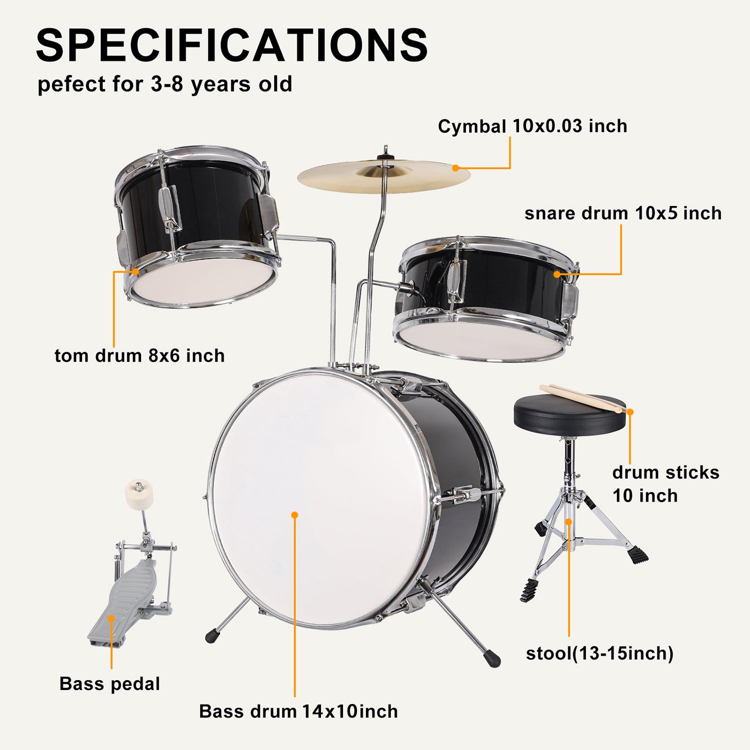 Kids Drum Set 3 Piece Beginner Drum Set Junior Drum Set, Black