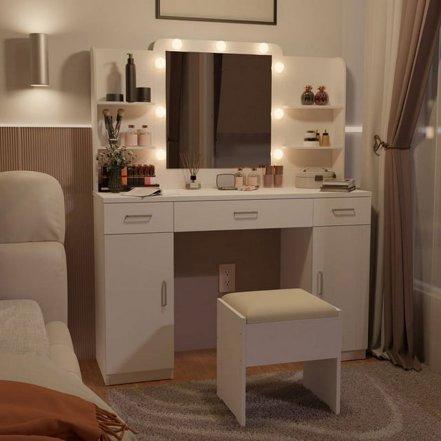 Makeup Vanity with Mirror and 9 Lights, Stool Included, White