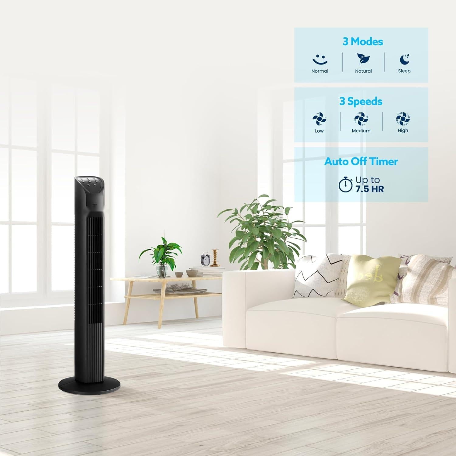 36in Oscillating Tower Fan, 3 Speed Portable Fan Tower With Remote Control, Quiet Operating Floor Fan for Bedroom with 7.5 Hr Auto Off Timer, Modern Design Room Cooling Fan For Home & Office