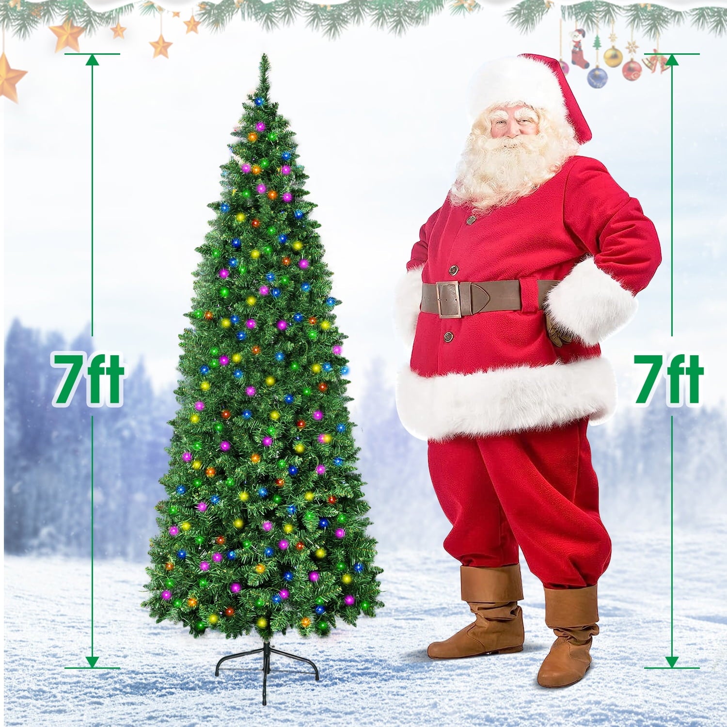 7FT Pre-Lit Slim Pencil Artificial Christmas Tree, 200 Multi-colored LED Lights Fake Xmas Tree