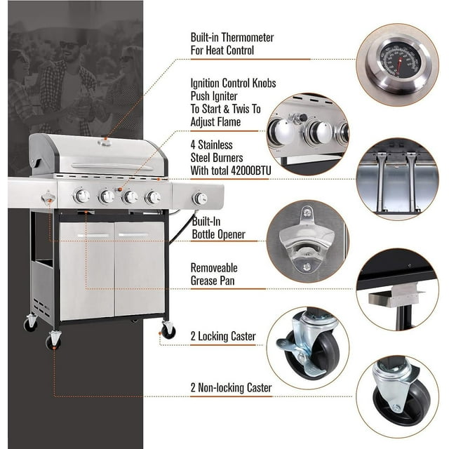 4 Burner Propane Gas Grill with Side Burner