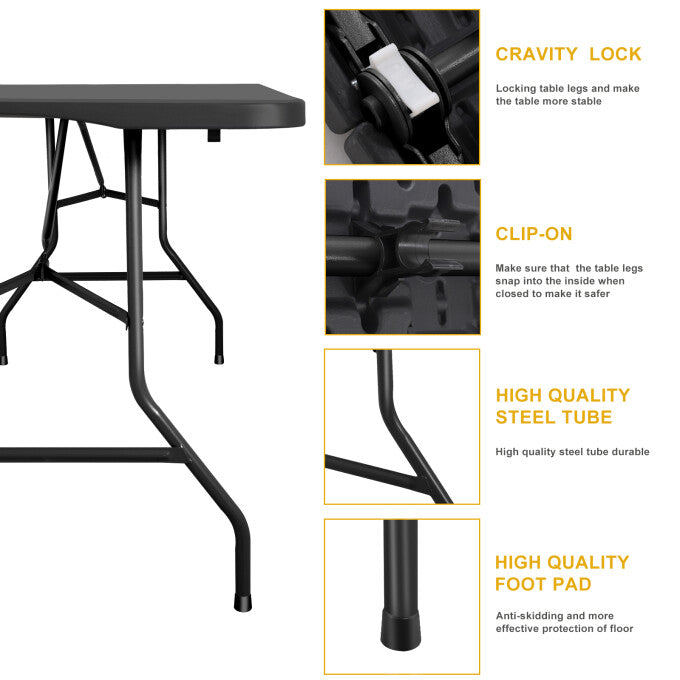 Folding Tables 6 Ft Long Plastic Folding Table Heavy Duty, Outdoor and Indoor Foldable Table 6Ft for Picnic, Dinning, Party, Black