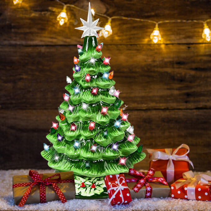 15in Ceramic Christmas Tree, Pre lit Hand Painted Tabletop Holiday Tree, Star Topper, 64 Lights