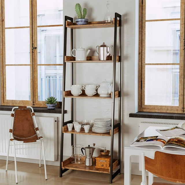 Industrial Bookshelf 5-Tier, Bookcase Ladder Shelf