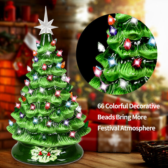 15in Ceramic Christmas Tree, Pre lit Hand Painted Tabletop Holiday Tree, Star Topper, 64 Lights
