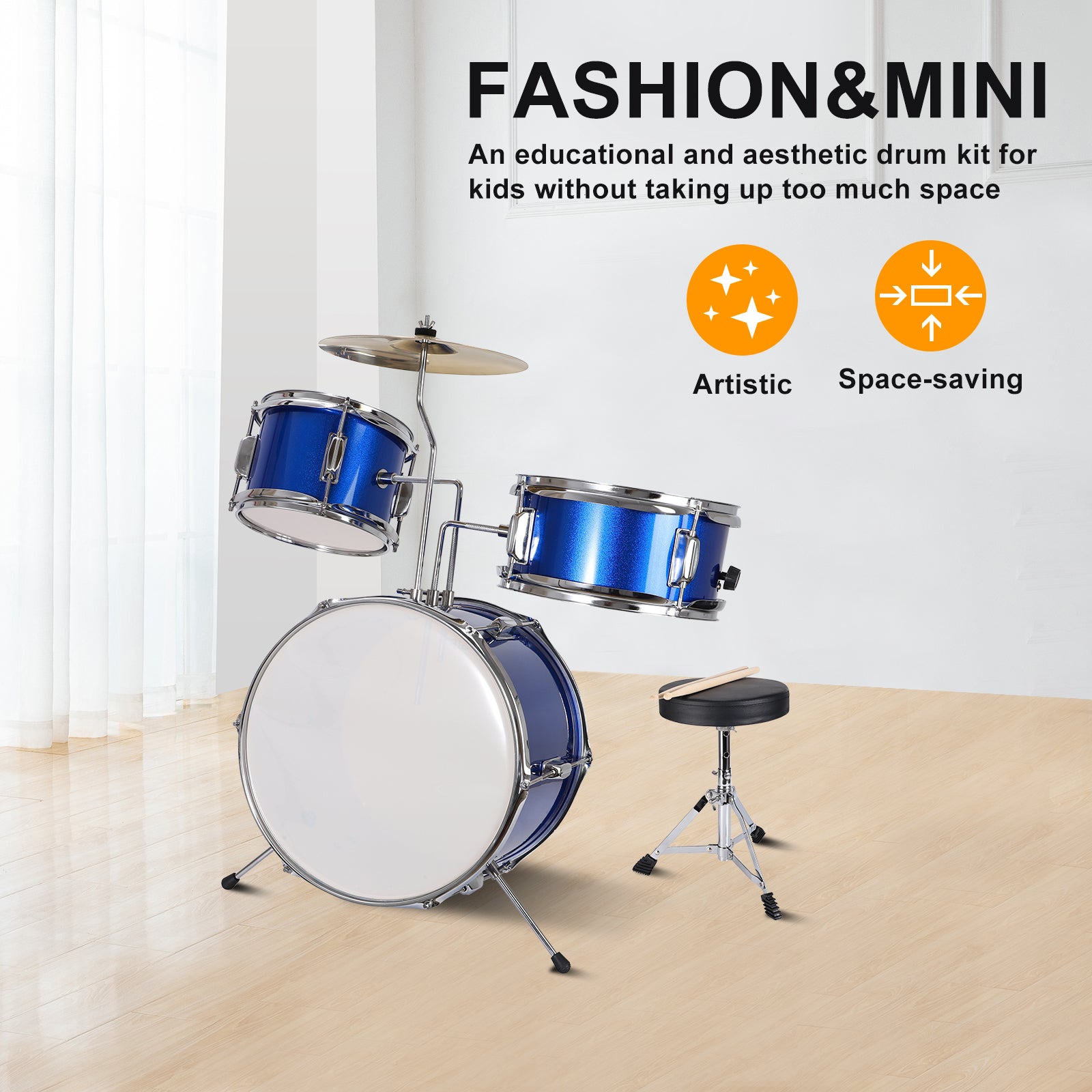 Kids Drum Set 3 Piece Beginner Drum Set Junior Drum Set, Blue