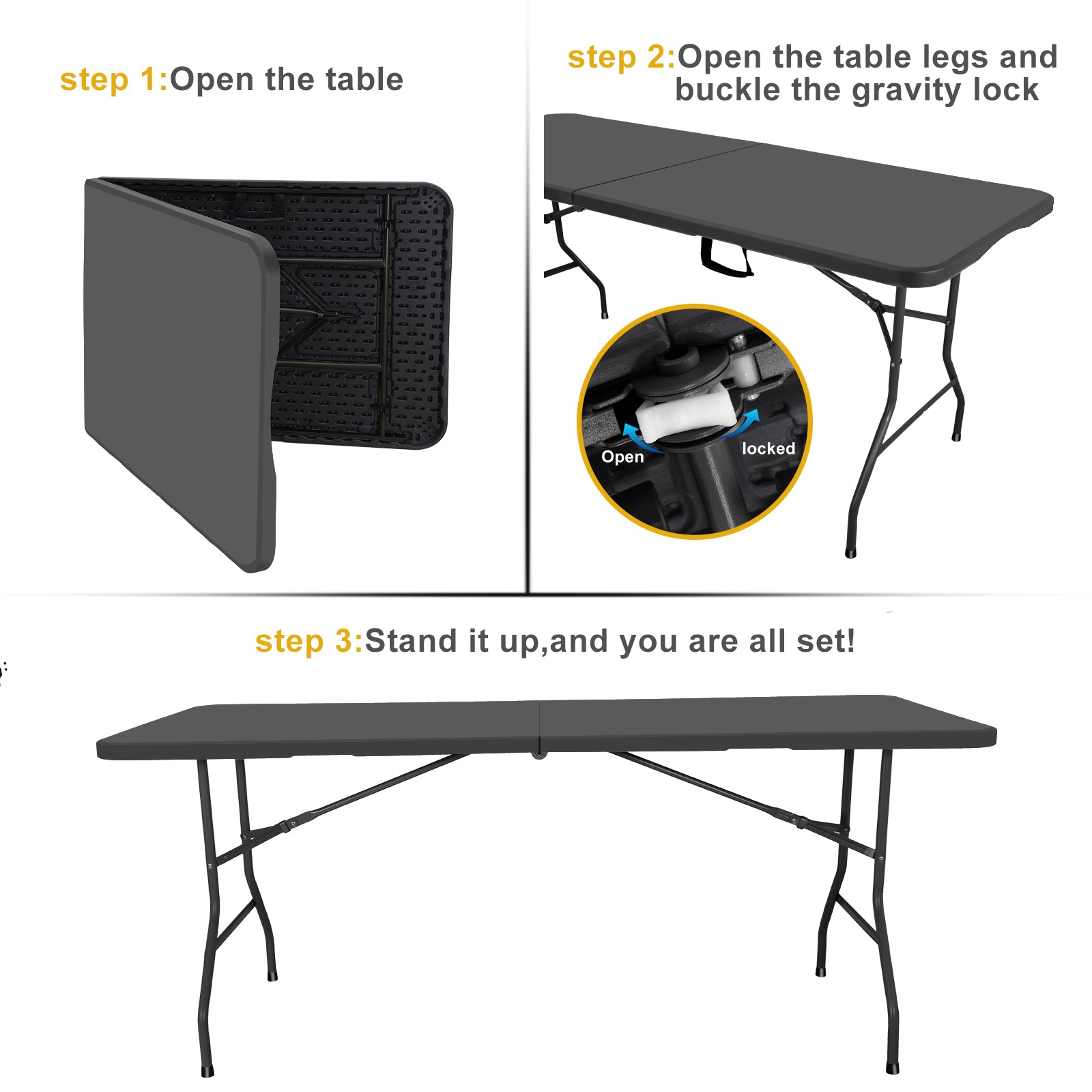 Folding Tables 6 Ft Long Plastic Folding Table Heavy Duty, Outdoor and Indoor Foldable Table 6Ft for Picnic, Dinning, Party, Black