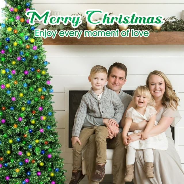 7FT Pre-Lit Slim Pencil Artificial Christmas Tree, 200 Multi-colored LED Lights Fake Xmas Tree