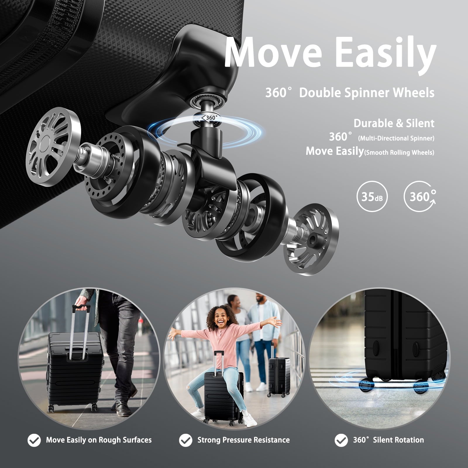 3 Piece Luggage Sets ABS Hardshell Hardside Lightweight Suitcase with Durable Spinner Wheels,Gray