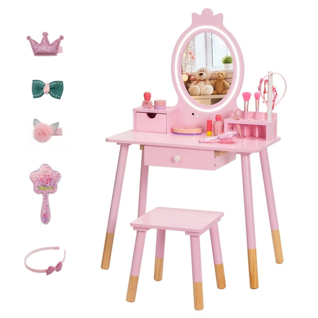 Kids Vanity Set with Mirror, Wooden Make Up