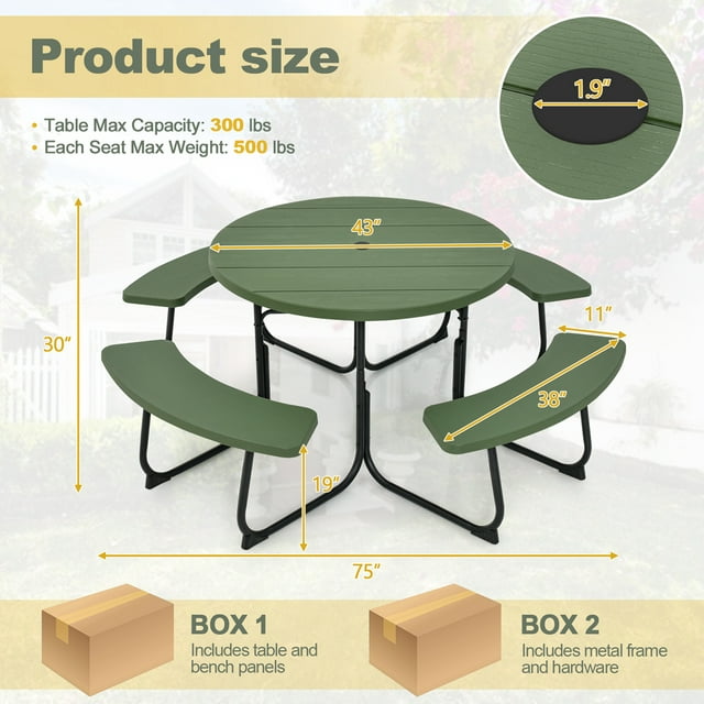 Outdoor 8-person Round Picnic Table Bench Set