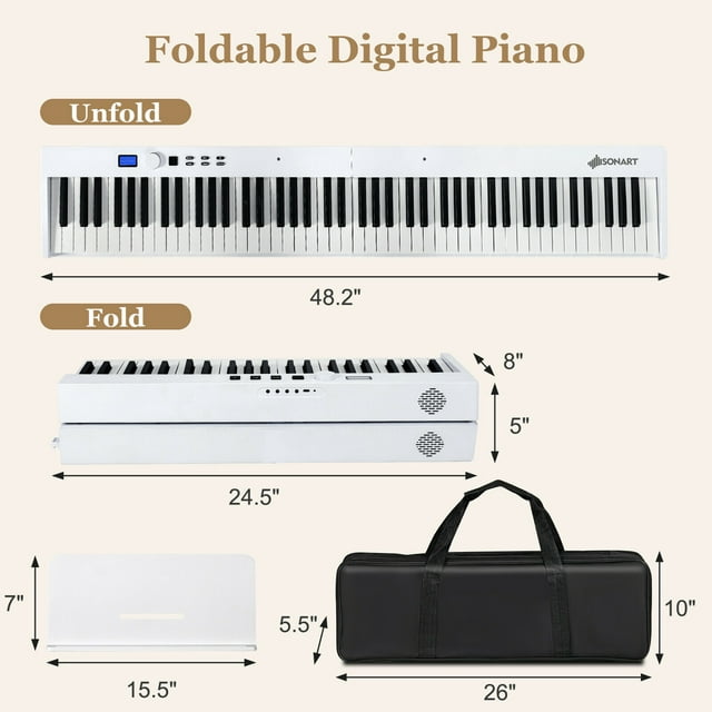 88-Key Folding Electric Piano Keyboard Semi Weighted Full Size MIDI White